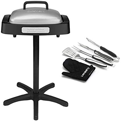 Cuisinart GRID180SA1 Indoor/Outdoor Grill with Reversible Nonstick Grill & Griddle Cooking Plate + 3-Piece Grilling Tool Set with Grill Glove (Black)